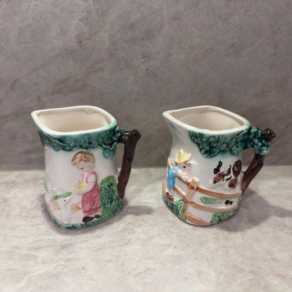 Vintage Japanese Creamer & Milk Jug Set Farm Scene Cottagecore Japan
